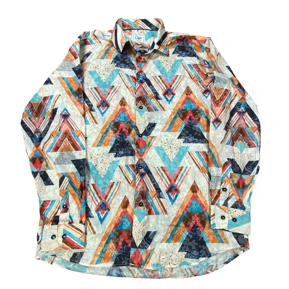 Cigar Couture Shirt XL Mens Long Sleeve Button Aztec Geometric Southwest Sheer